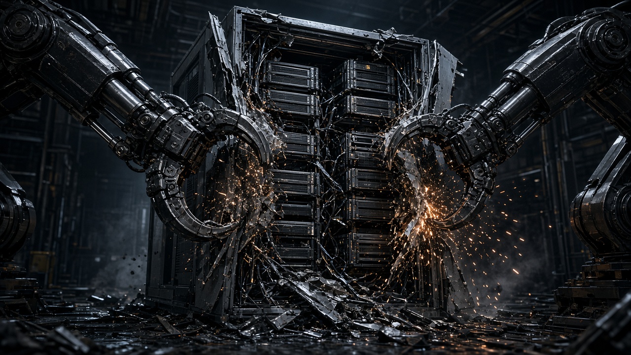 Robotic arms tearing open a data-center rack