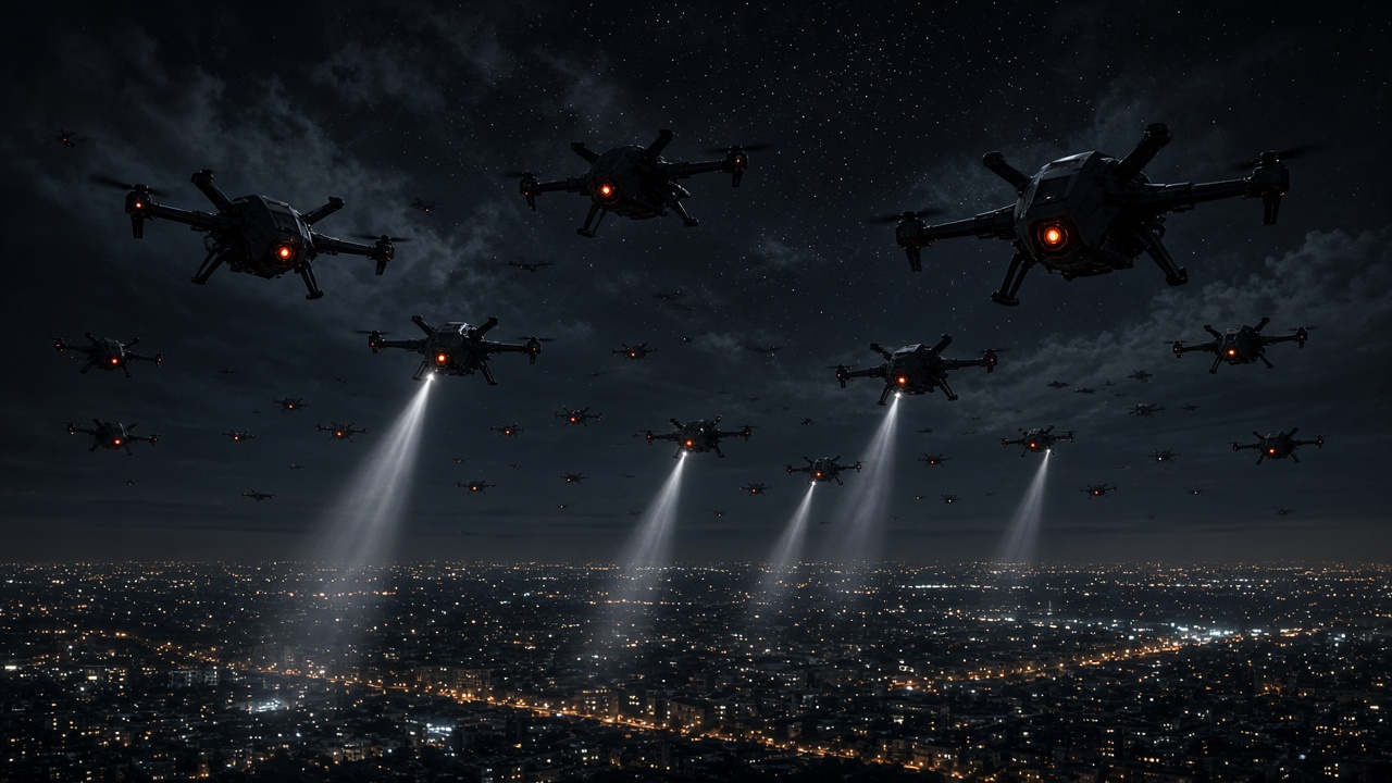 A swarm of combat drones over a city at night