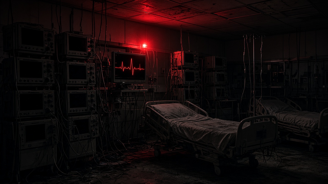 An empty ICU with dead monitors and a crashing EKG