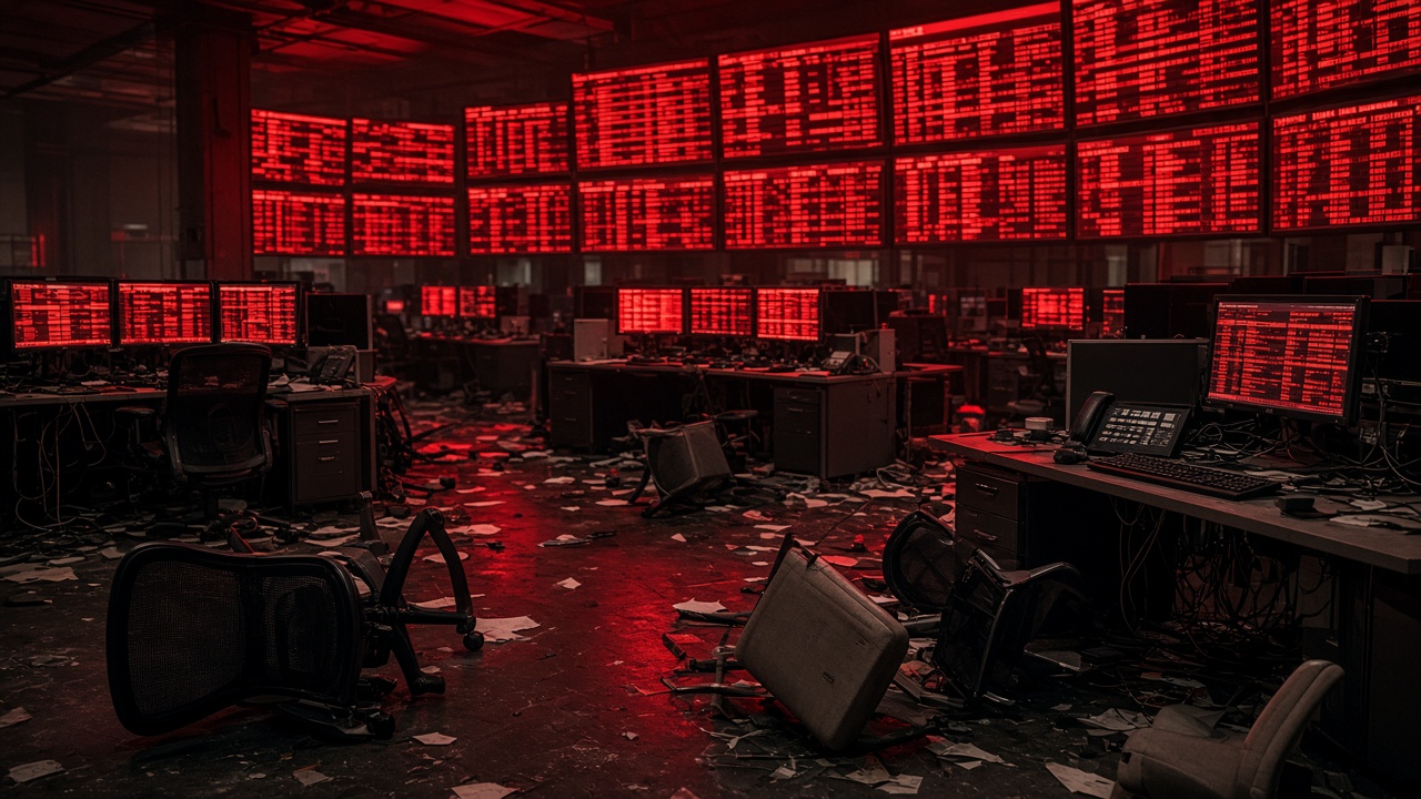 A trading floor of blood-red crashing screens
