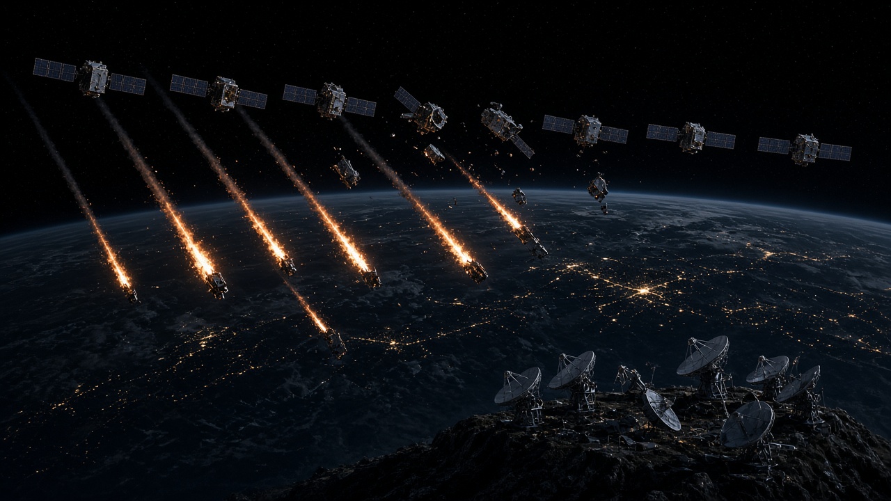 Dead communications satellites falling as fireballs toward a darkened Earth