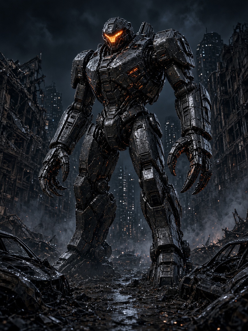 A towering combat robot in a ruined city street
