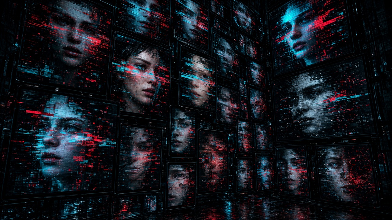 A wall of glitched screens showing collapsing identity